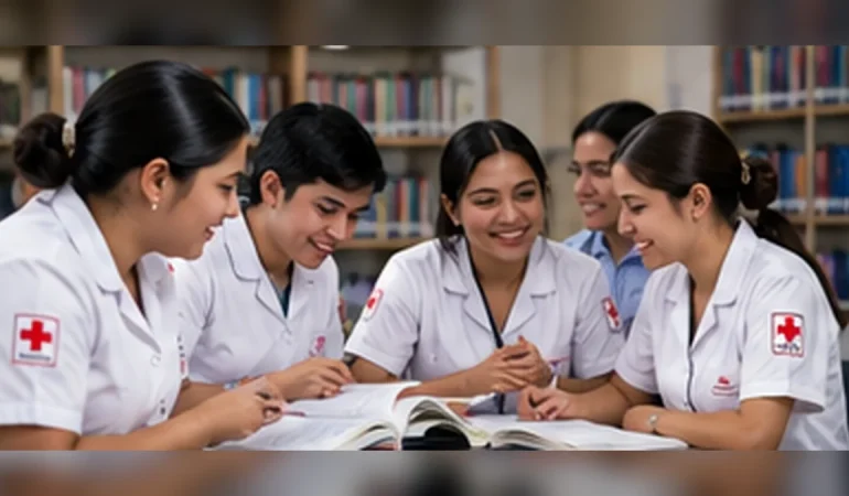 Becas para Estudiar Enfermería en Cuernavaca Estudiantes de enfermería revisando apuntes y organizando su formación académica en una biblioteca