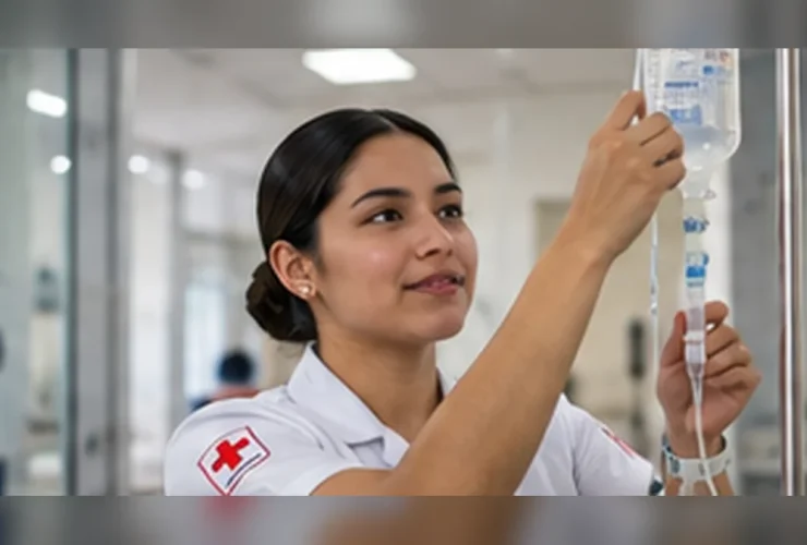 Estudiante de enfermería preparando una solución intravenosa durante una práctica de atención de emergencias