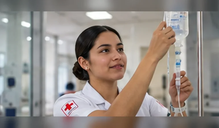 Enfermería en Emergencias y Desastres Estudiante de enfermería preparando una solución intravenosa durante una práctica de atención de emergencias