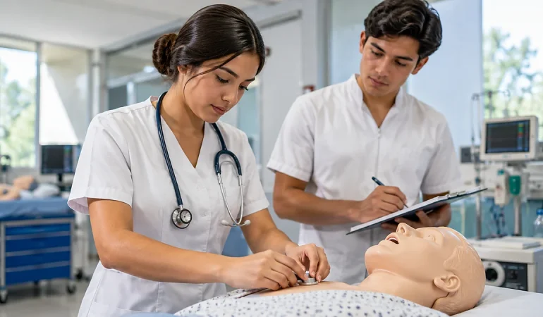 Estudiar Enfermería en Cuernavaca Estudiantes de enfermería realizando una práctica clínica en un laboratorio de simulación en Cuernavaca