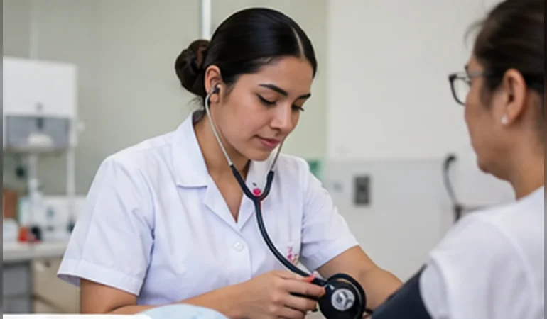 Habilidades Esenciales del Profesional de Enfermería Estudiante de enfermería tomando la presión arterial de una paciente durante una práctica clínica