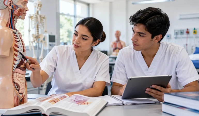 Materias de la Licenciatura en Enfermería en Cuernavaca Estudiantes de enfermería estudiando anatomía con un modelo del cuerpo humano en un laboratorio clínico