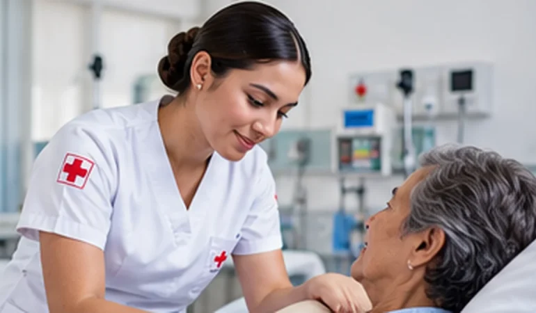 Servicio Social en Enfermería en Cuernavaca Estudiante de enfermería brindando atención a una mujer adulta mayor durante una experiencia de servicio a la comunidad
