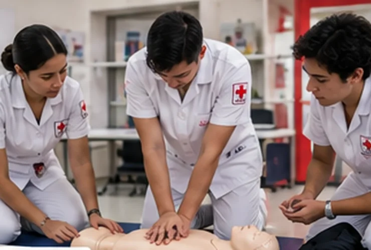 Estudiantes de enfermería practicando reanimación cardiopulmonar con un maniquí de simulación clínica