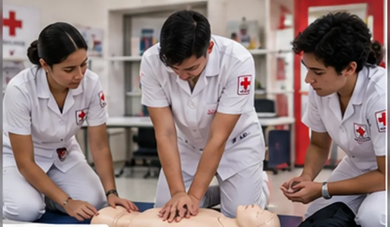 Simulación Clínica en la Formación de Enfermería Estudiantes de enfermería practicando reanimación cardiopulmonar con un maniquí de simulación clínica
