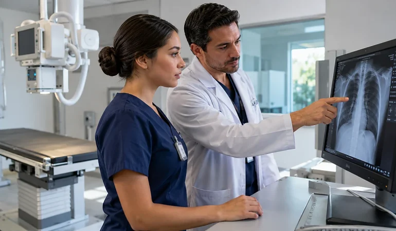 Técnico en Radiología e Imagen en Cuernavaca Estudiante de radiología y profesional de salud revisando una radiografía en una sala de imagenología